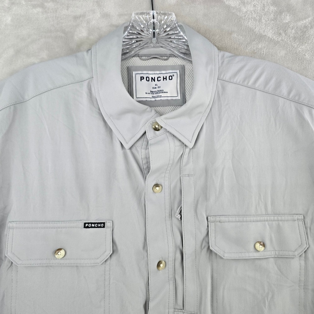 Poncho Fishing Shirt Mens XL Gray Slim Fit Magnetic Pockets Short Sleeve Vented